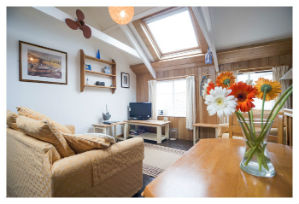 The living area and dining table